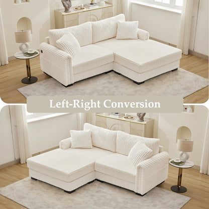 Canapé réversible 2 places en L en velours côtelé avec chargement USB-C et poche de rangement pour le salon