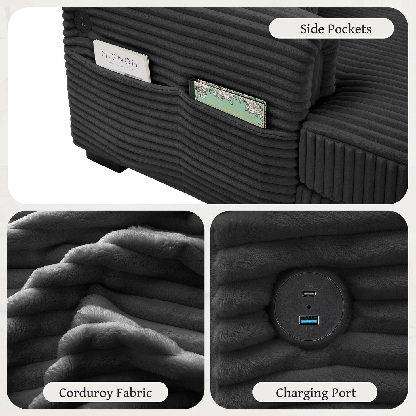 Canapé réversible 2 places en L en velours côtelé avec chargement USB-C et poche de rangement pour le salon