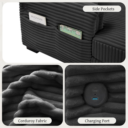 Canapé réversible 2 places en L en velours côtelé avec chargement USB-C et poche de rangement pour le salon