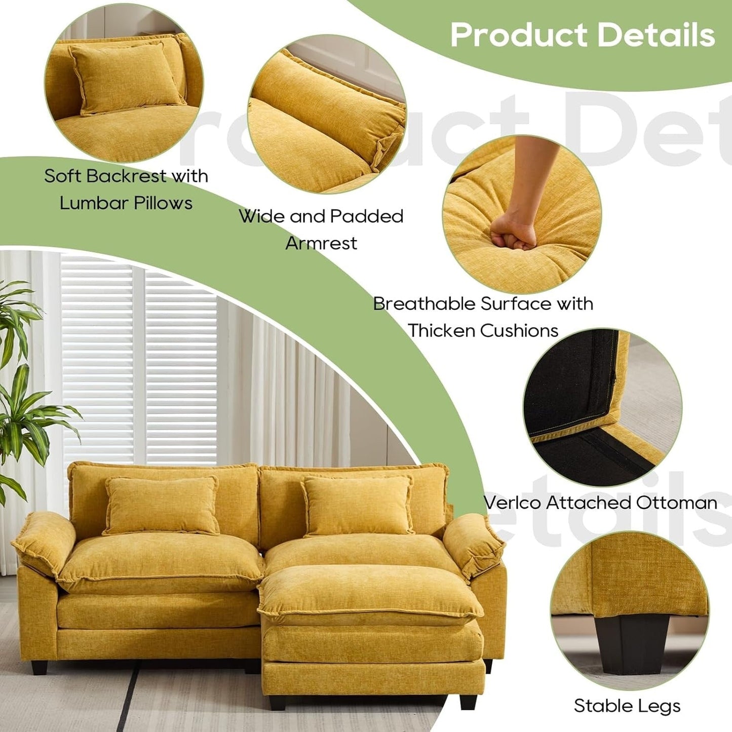 Canapé sectionnel Cloud 86 - Canapé en chenille en forme de L avec pouf et coussins, siège profond (beige blanc)