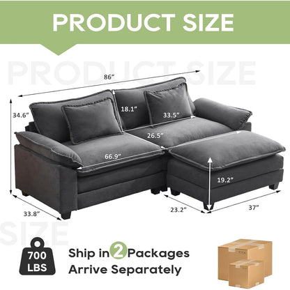 Canapé sectionnel Cloud 86 - Canapé en chenille en forme de L avec pouf et coussins, siège profond (beige blanc)