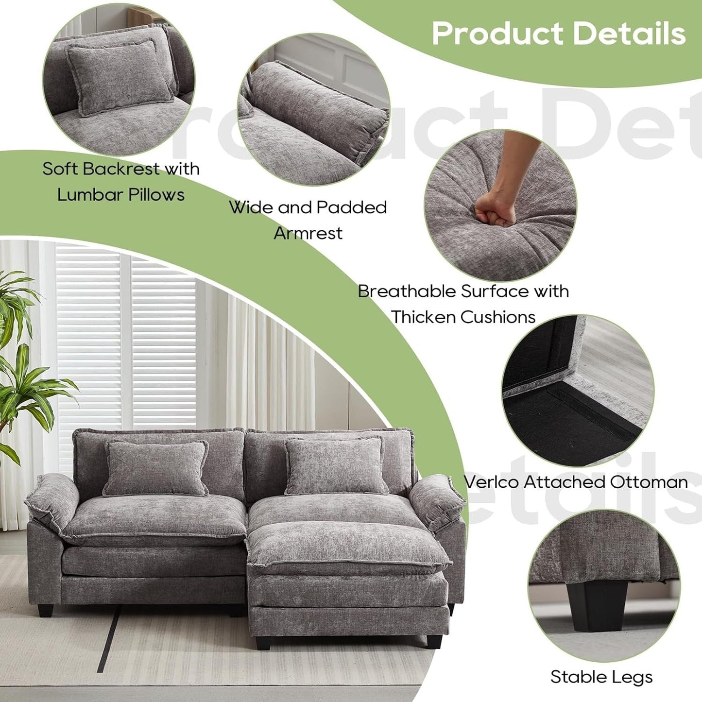 Canapé sectionnel Cloud 86 - Canapé en chenille en forme de L avec pouf et coussins, siège profond (beige blanc)