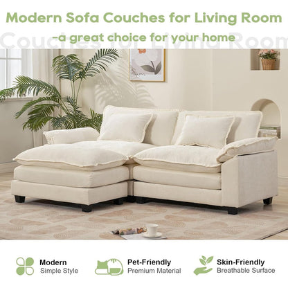 Canapé sectionnel Cloud 86 - Canapé en chenille en forme de L avec pouf et coussins, siège profond (beige blanc)