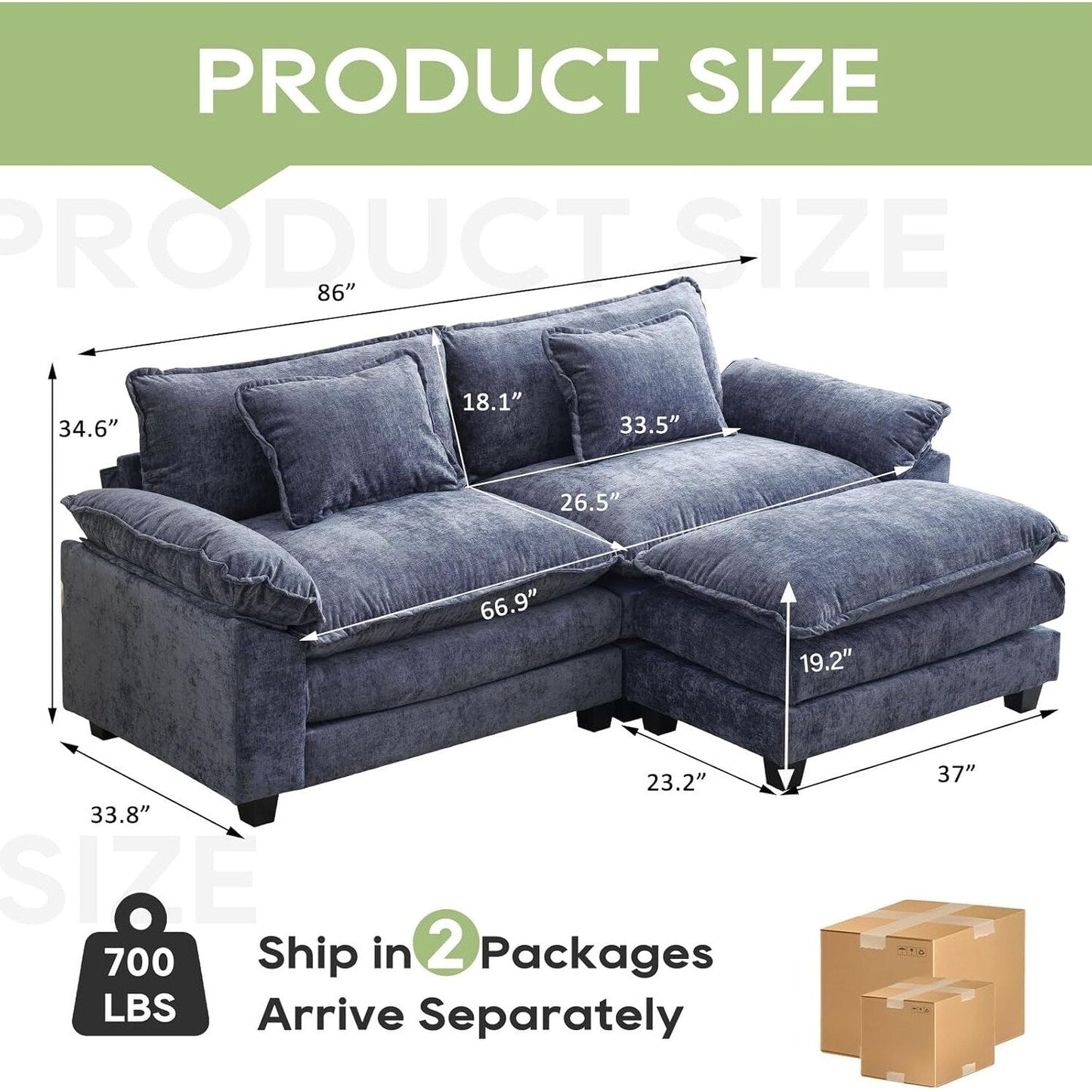 Canapé sectionnel Cloud 86 - Canapé en chenille en forme de L avec pouf et coussins, siège profond (beige blanc)