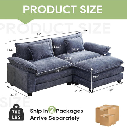 Canapé sectionnel Cloud 86 - Canapé en chenille en forme de L avec pouf et coussins, siège profond (beige blanc)