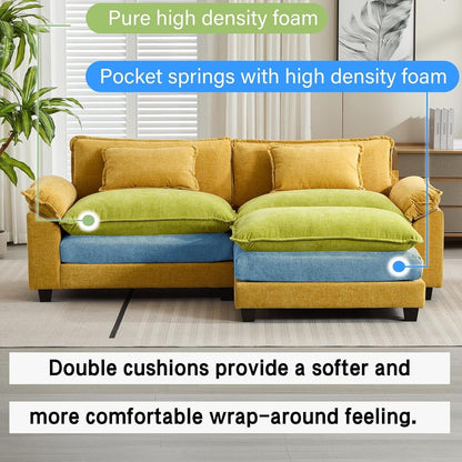 Canapé sectionnel Cloud 86 - Canapé en chenille en forme de L avec pouf et coussins, siège profond (beige blanc)