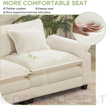 Canapé sectionnel Cloud 86 - Canapé en chenille en forme de L avec pouf et coussins, siège profond (beige blanc)