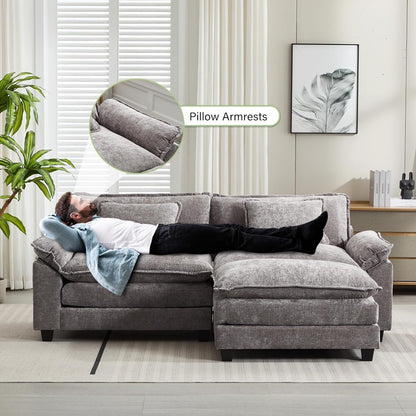 Canapé sectionnel Cloud 86 - Canapé en chenille en forme de L avec pouf et coussins, siège profond (beige blanc)