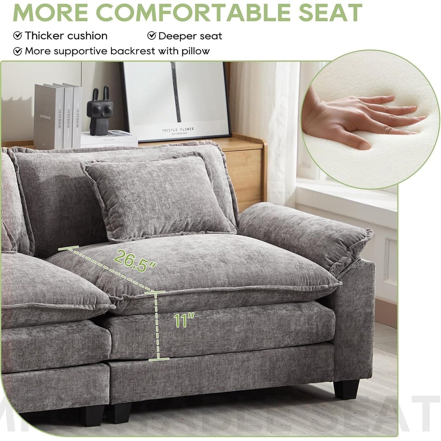 Canapé sectionnel Cloud 86 - Canapé en chenille en forme de L avec pouf et coussins, siège profond (beige blanc)