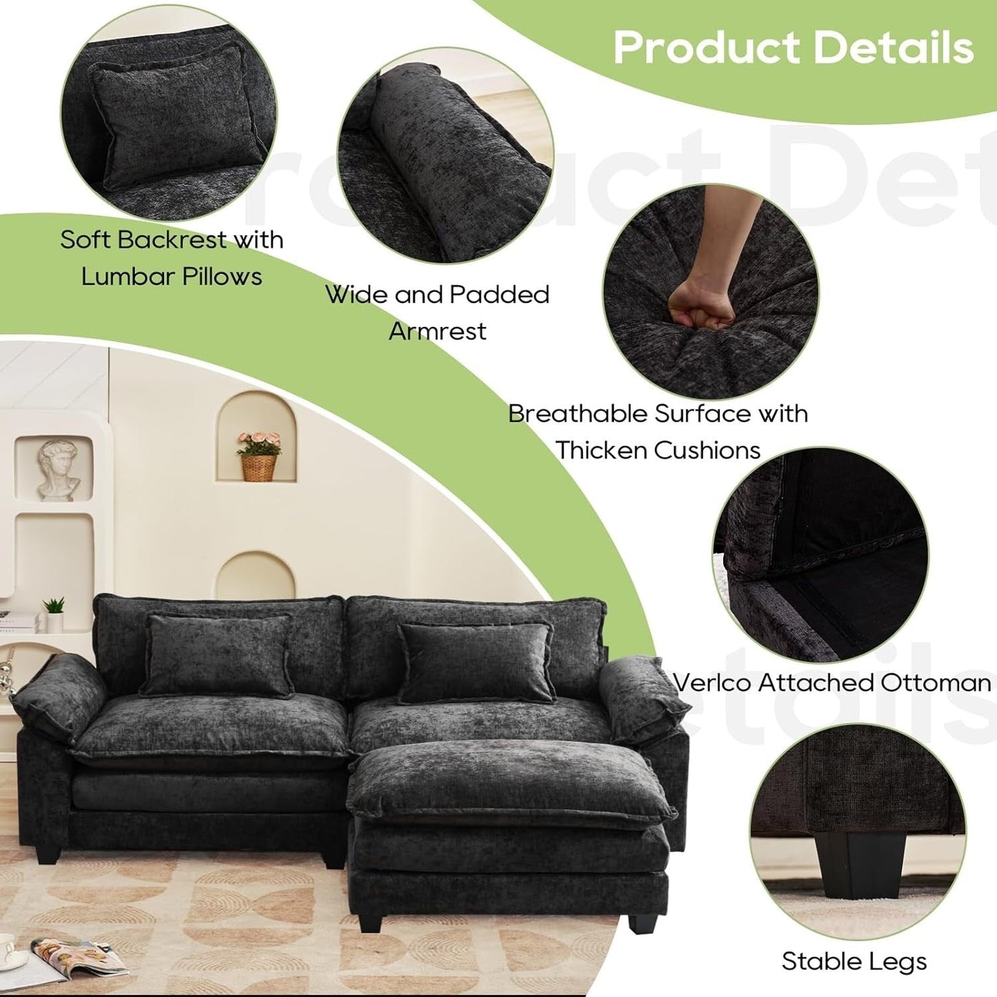 Canapé sectionnel Cloud 86 - Canapé en chenille en forme de L avec pouf et coussins, siège profond (beige blanc)