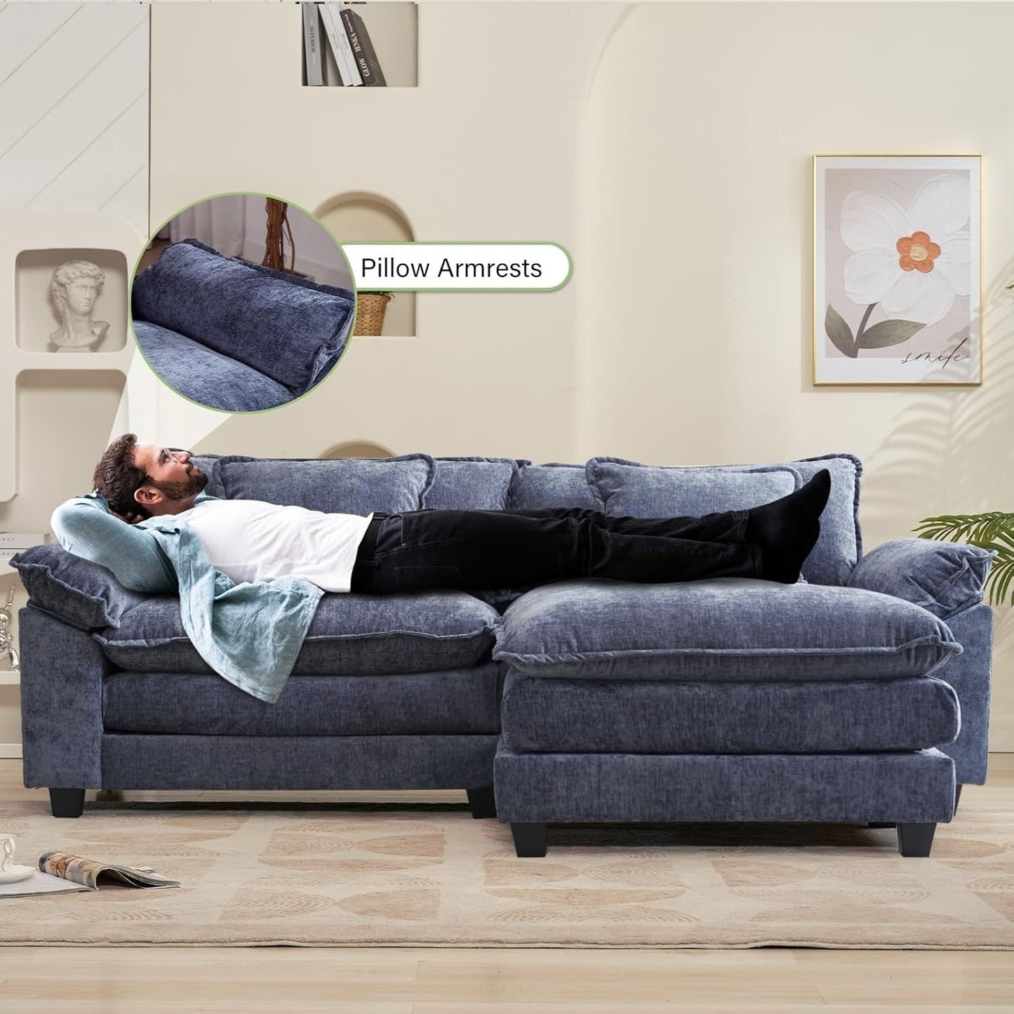 Canapé sectionnel Cloud 86 - Canapé en chenille en forme de L avec pouf et coussins, siège profond (beige blanc)