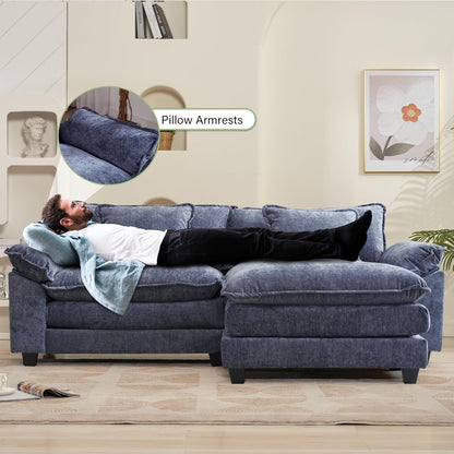 Canapé sectionnel Cloud 86 - Canapé en chenille en forme de L avec pouf et coussins, siège profond (beige blanc)