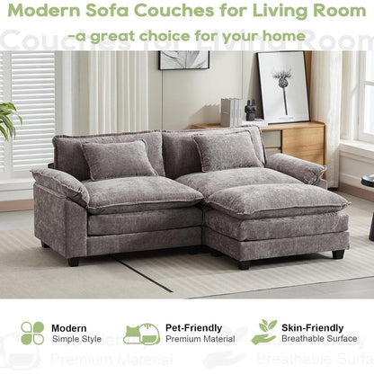 Canapé sectionnel Cloud 86 - Canapé en chenille en forme de L avec pouf et coussins, siège profond (beige blanc)