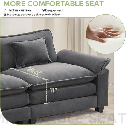 Canapé sectionnel Cloud 86 - Canapé en chenille en forme de L avec pouf et coussins, siège profond (beige blanc)