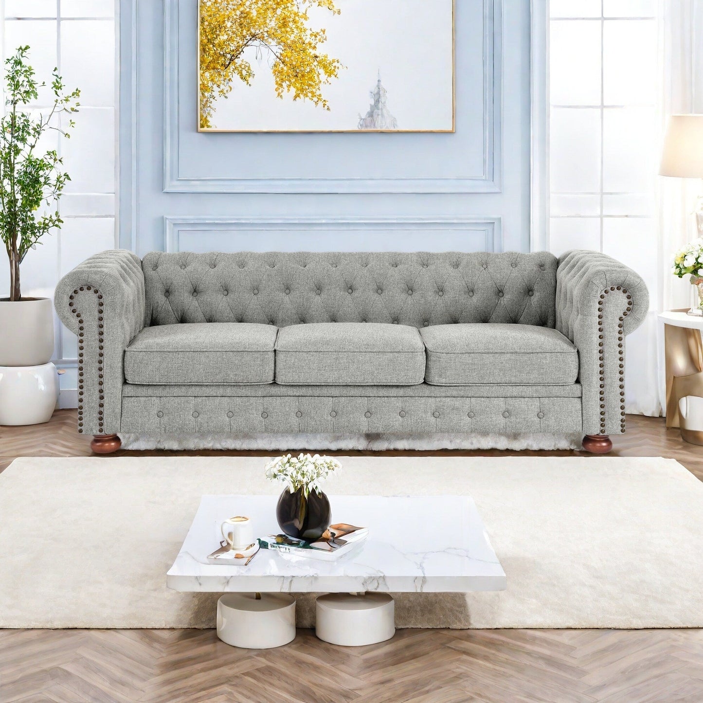 Canapé 3 places en lin 88,5 avec détails cloutés et structure en bois massif pour le salon