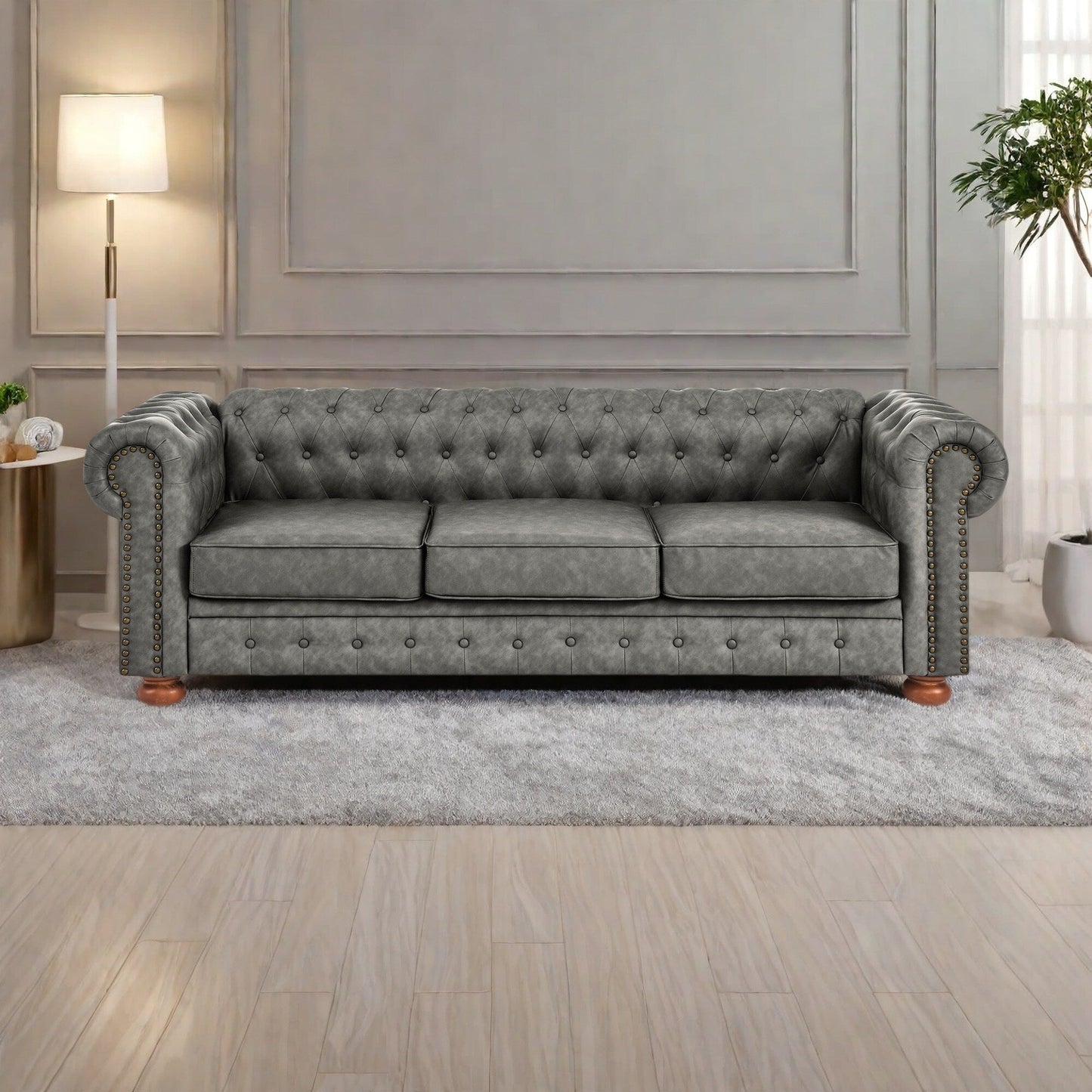 Canapé 3 places en polyuréthane 88,5 avec détails cloutés, structure en bois massif pour le salon