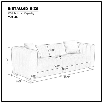 Canapé 3 places en velours 88 avec mains courantes rondes et pieds en métal doré