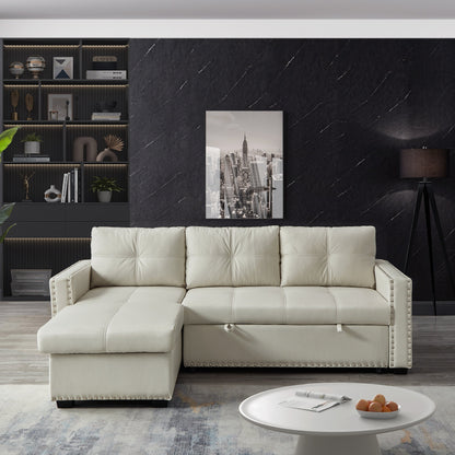 Canapé-lit convertible 3 places de 88 po avec méridienne de rangement, lit gigogne, garniture cloutée argentée, rembourrage en éponge confortable