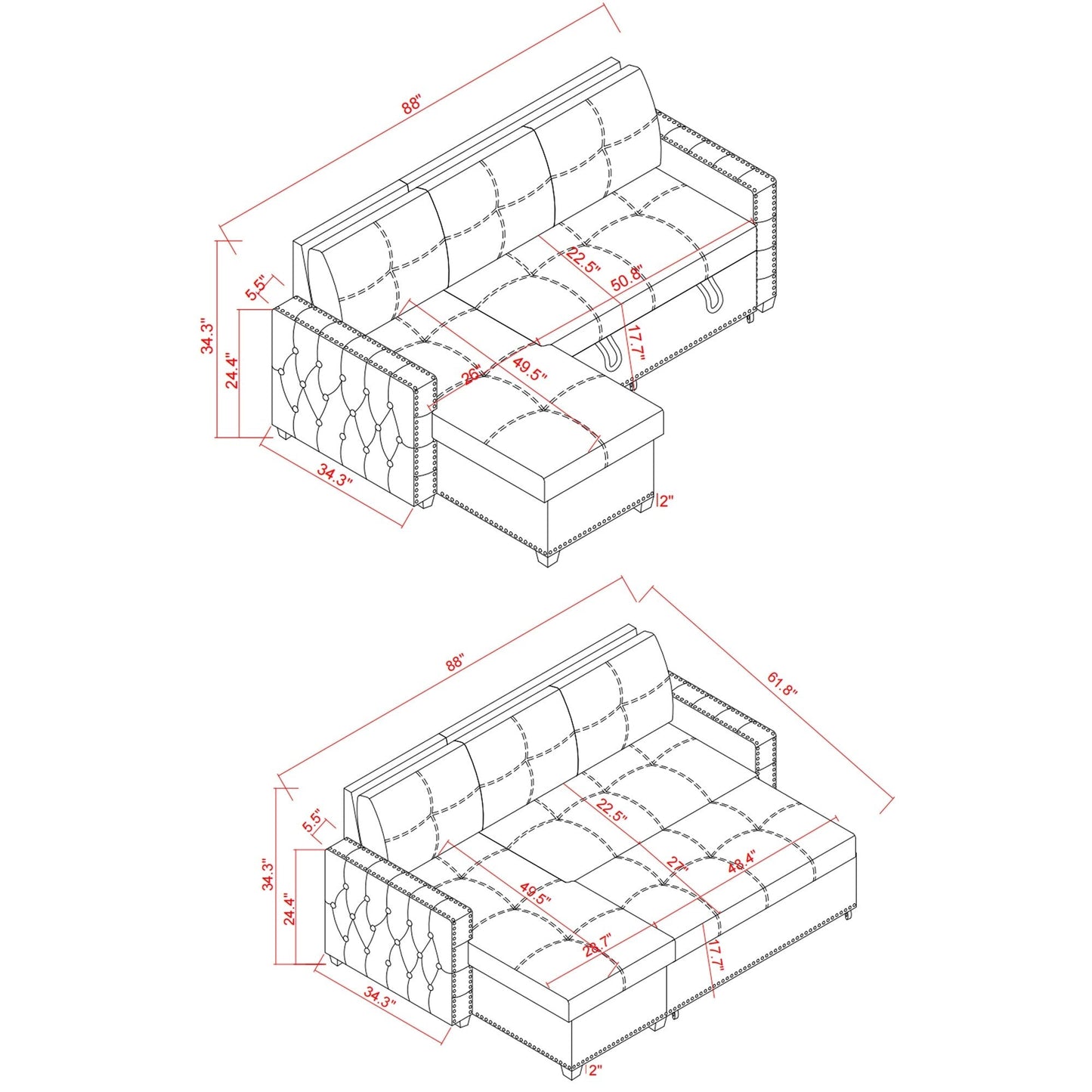 Canapé convertible en microfibre de 88 pouces avec lit gigogne et méridienne de rangement