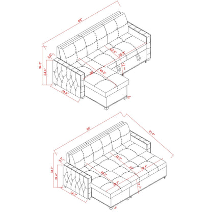 Canapé convertible en microfibre de 88 pouces avec lit gigogne et méridienne de rangement