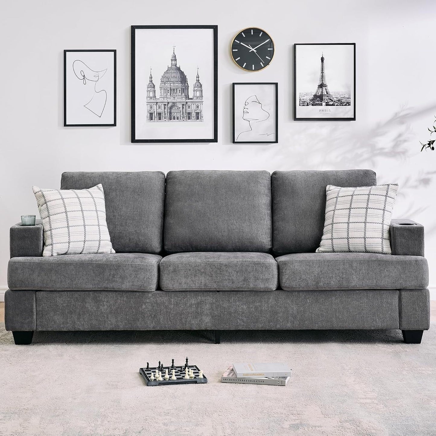 Canapé 3 places 89, canapé à assise profonde, canapés modernes et confortables pour le salon avec porte-gobelets