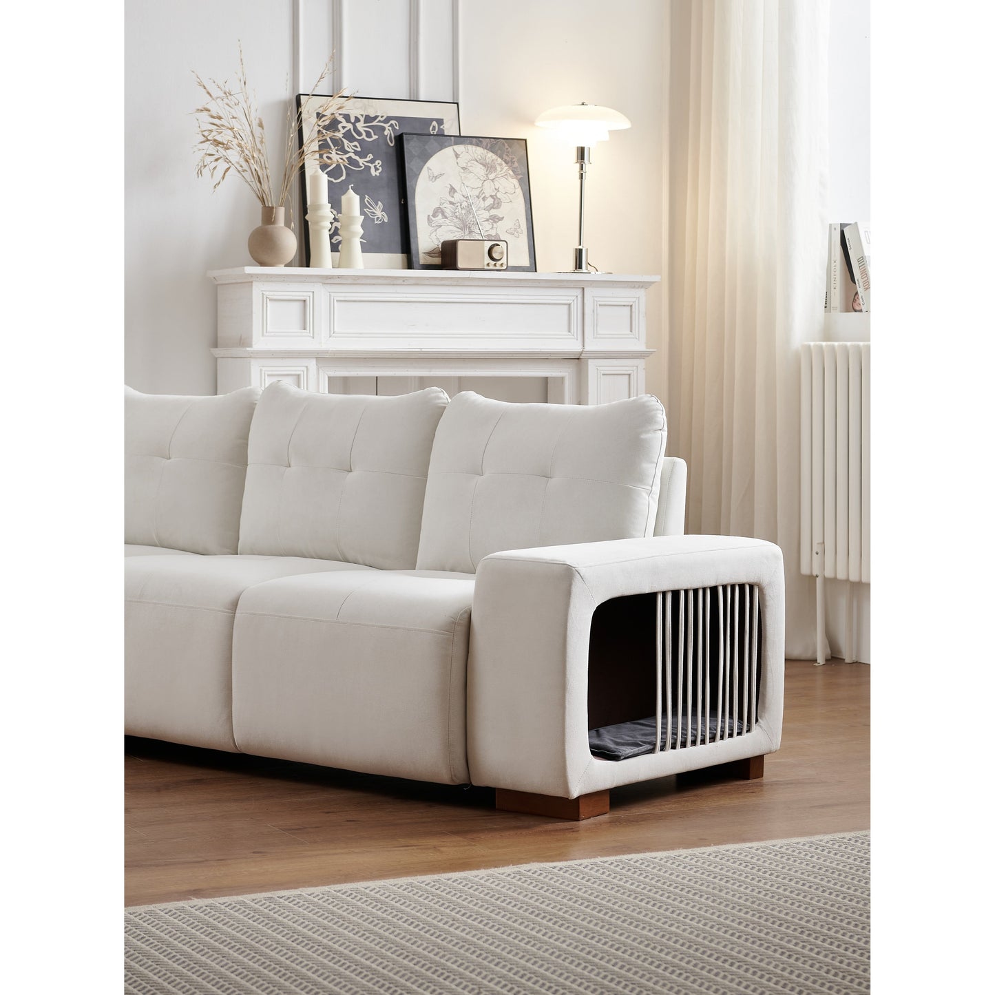 Canapé 3 places rembourré en velours avec nid pour chat, tissu imperméable et résistant aux griffures de chat