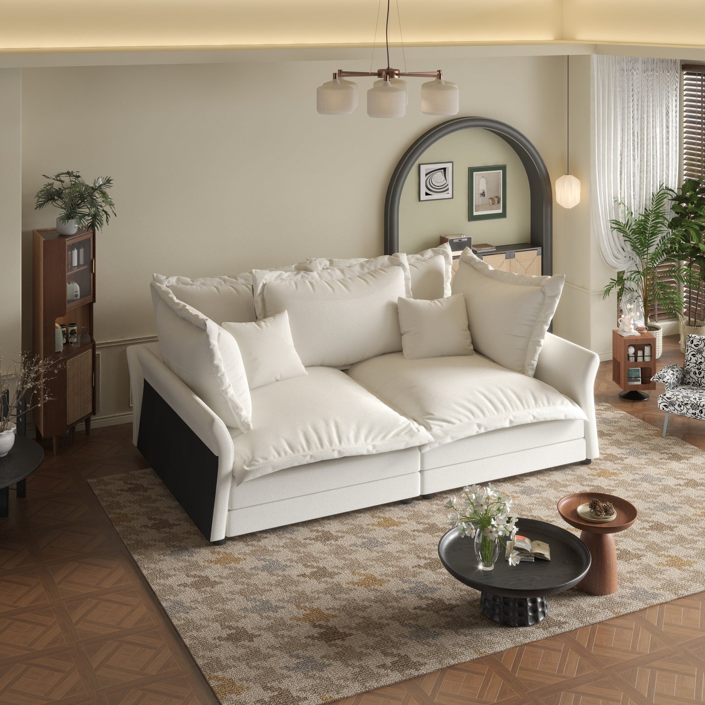 Canapés modernes à assise profonde avec plusieurs grands coussins moelleux