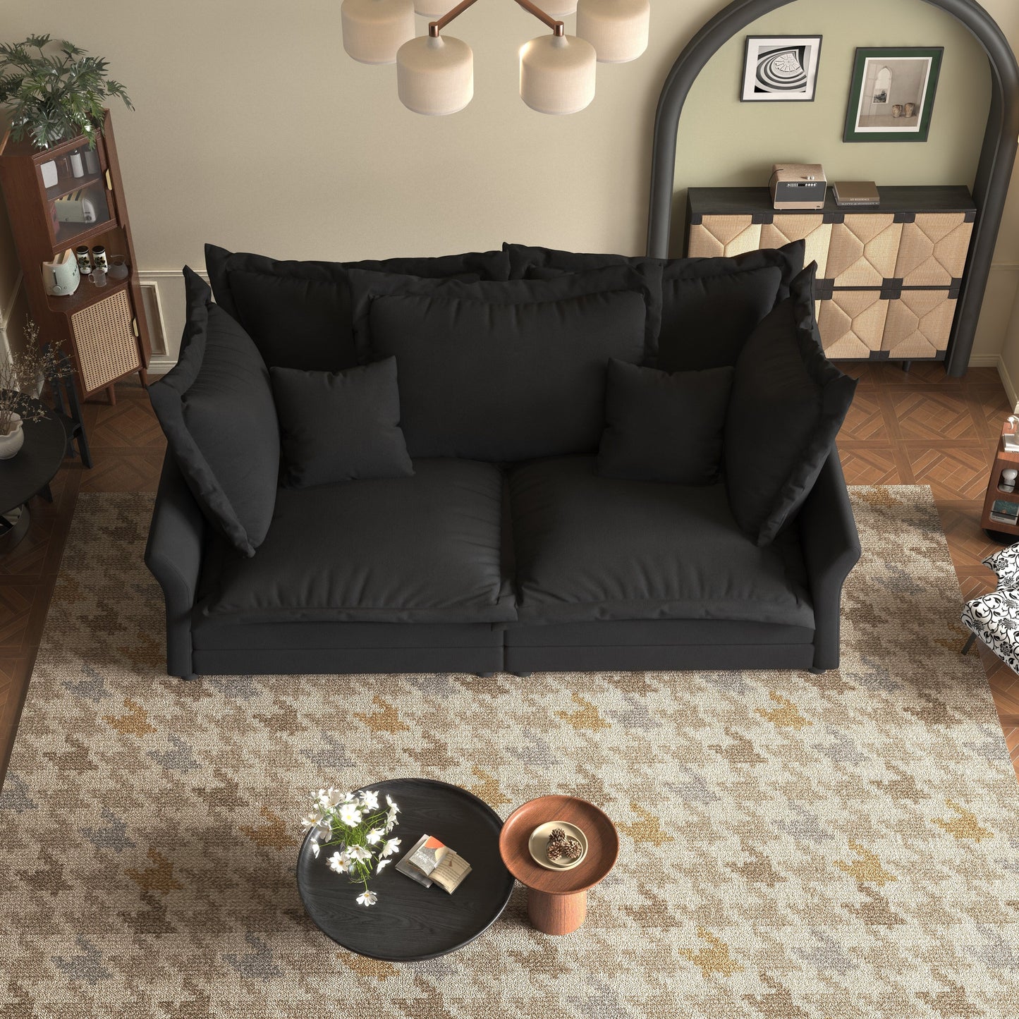 Canapés modernes à assise profonde avec plusieurs grands coussins moelleux