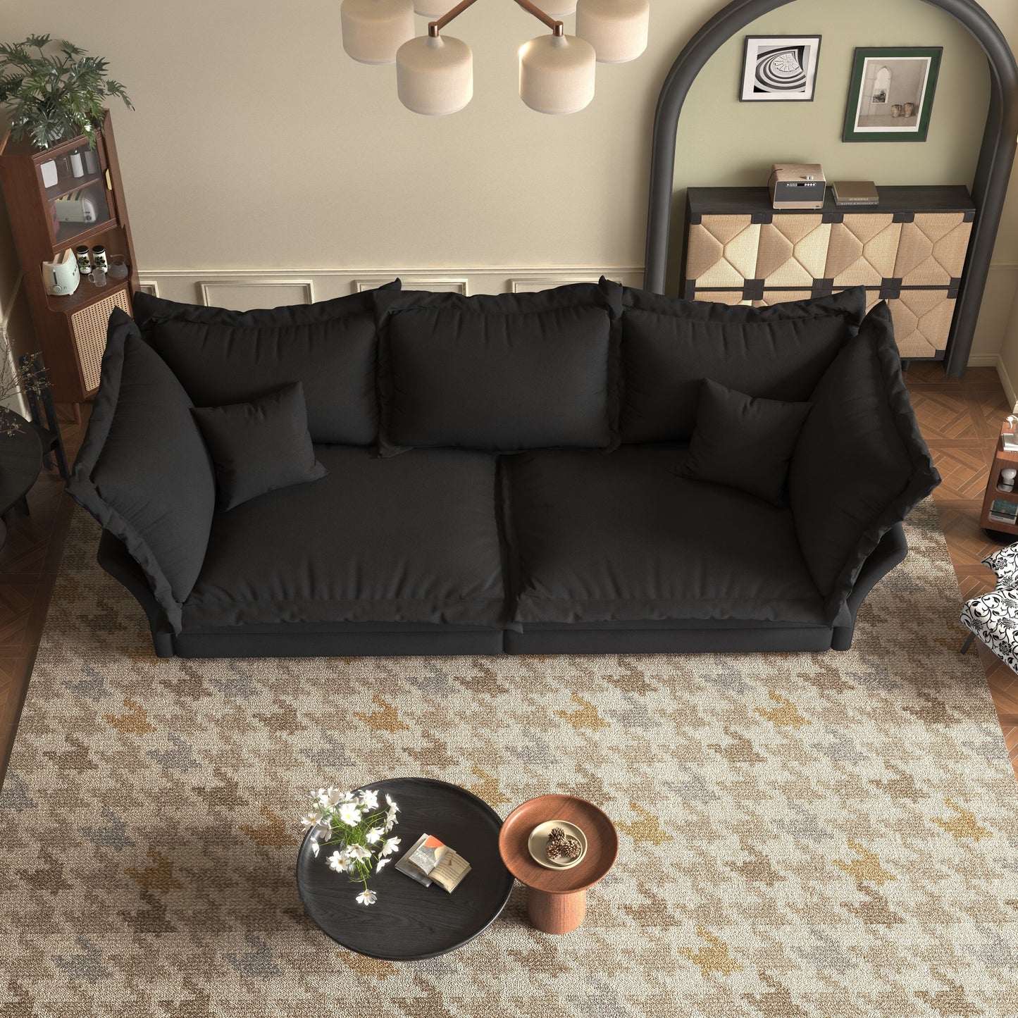 Canapés modernes à assise profonde avec plusieurs grands coussins moelleux