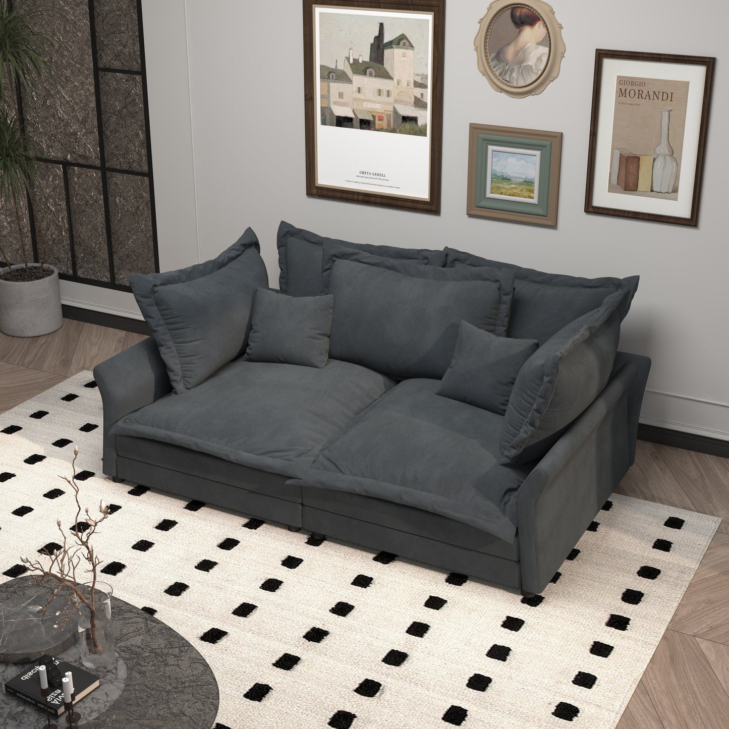 Canapés modernes à assise profonde avec plusieurs grands coussins moelleux