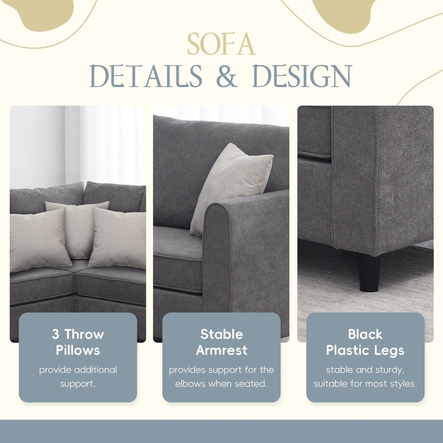 Canapé sectionnel de salon rembourré moderne 91 x 91 cm, canapé en L avec 3 coussins