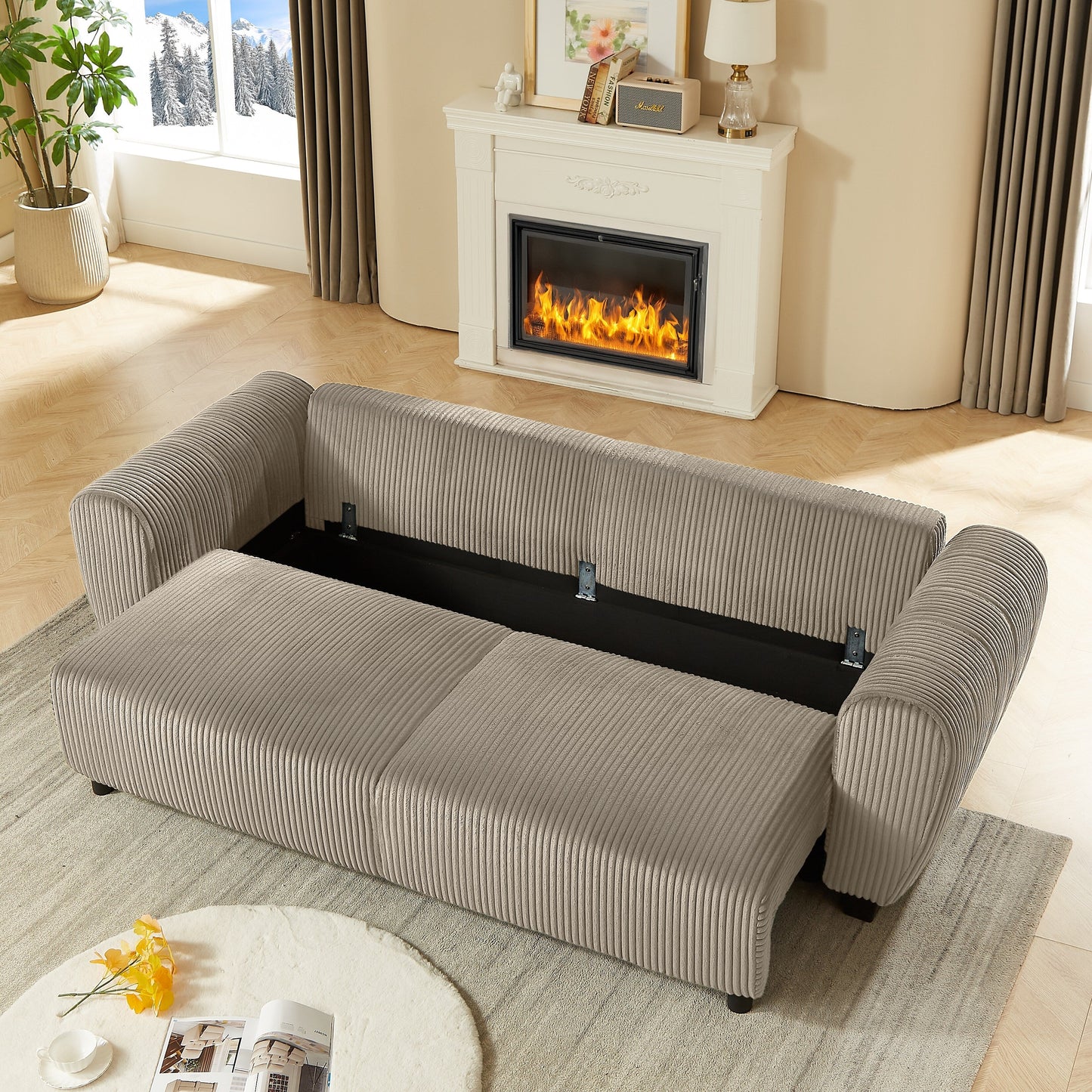 Canapé 3 places en velours côtelé 92.1 avec design convertible 2 en 1 et compartiments de rangement intégrés