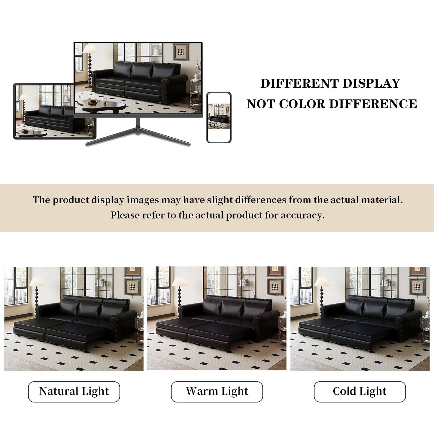 Canapé-lit 3 places en similicuir avec méridienne, style rétro avec garniture à rivets, 93,70 $