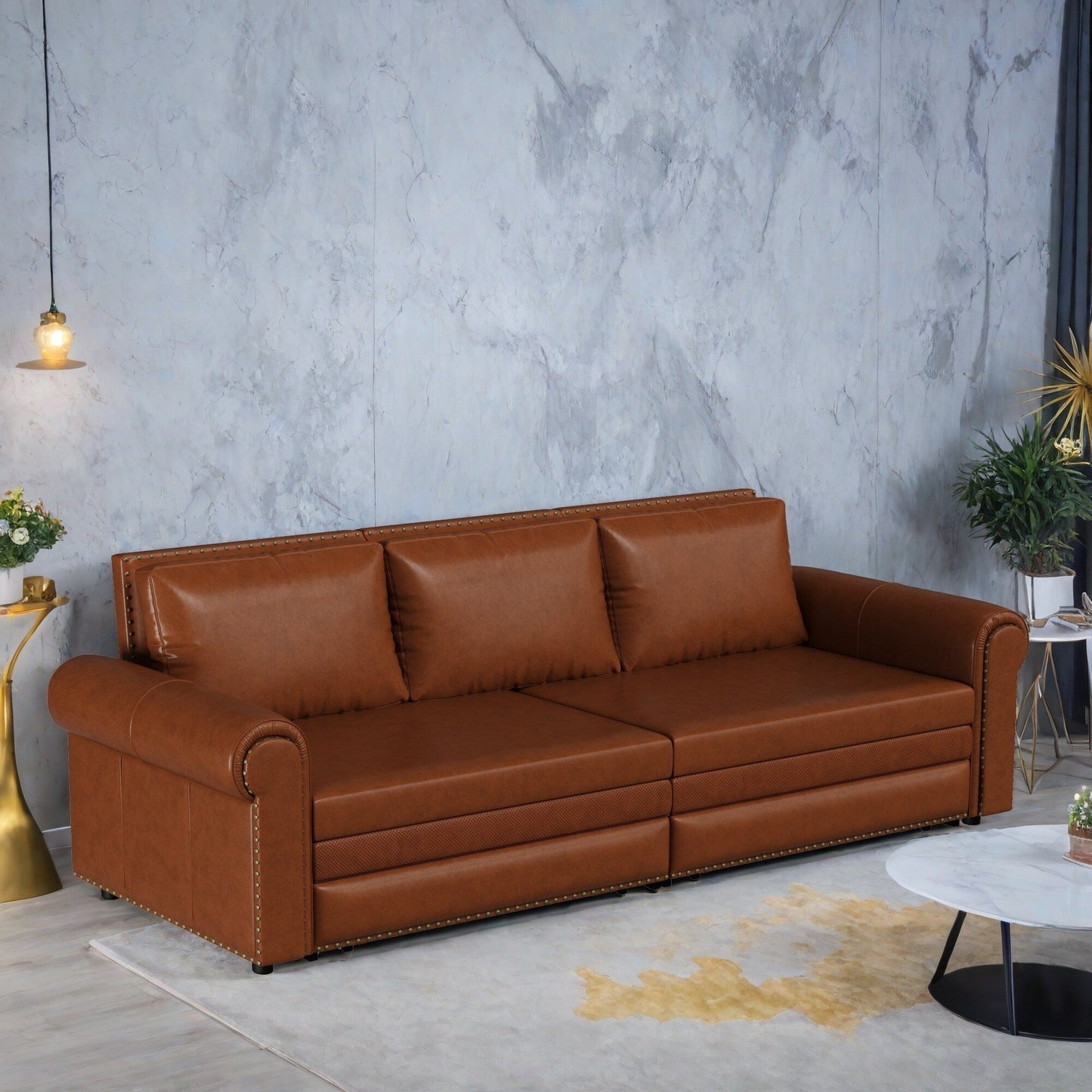 Canapé-lit 3 places en similicuir avec méridienne, style rétro avec garniture à rivets, 93,70 $