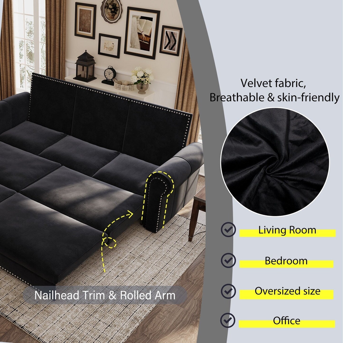 Canapé-lit 3 places en velours 93,7 pouces 3 en 1 avec accoudoirs roulés et garniture cloutée