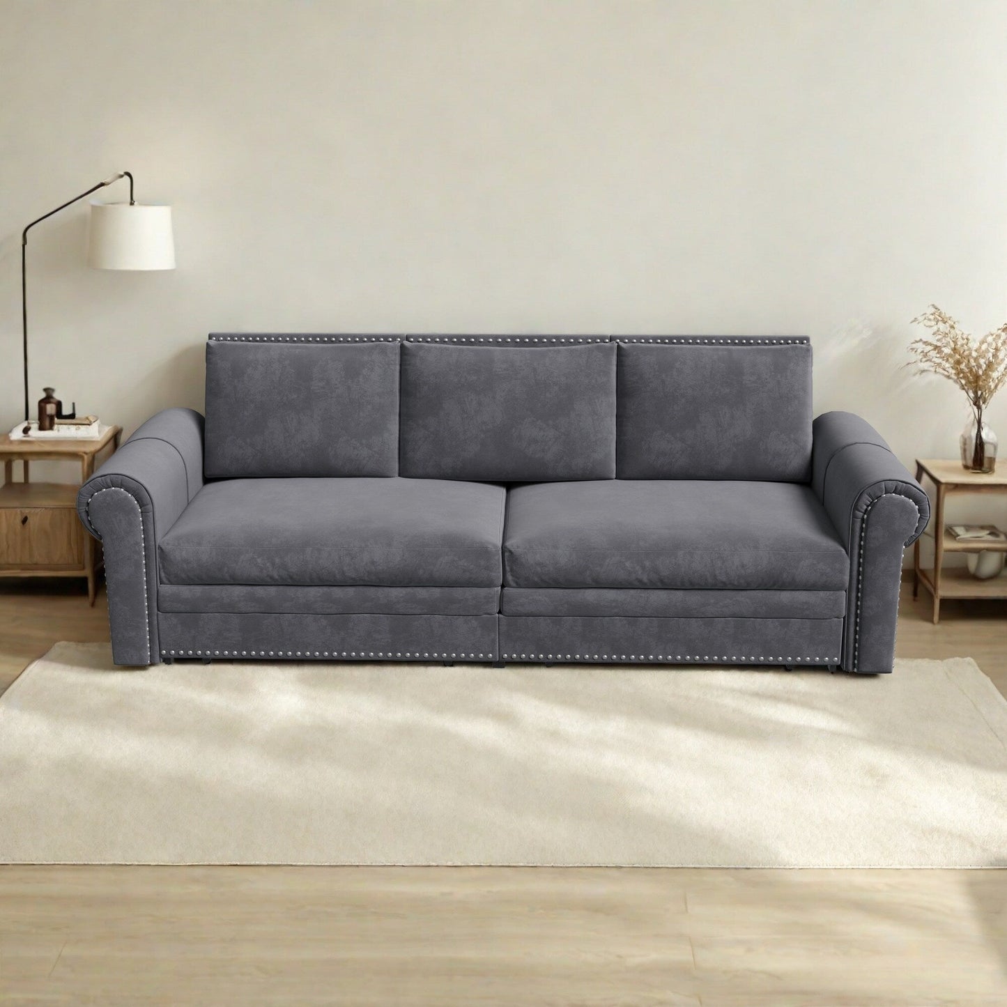 Canapé-lit 3 places en velours 93,7 pouces 3 en 1 avec accoudoirs roulés et garniture cloutée