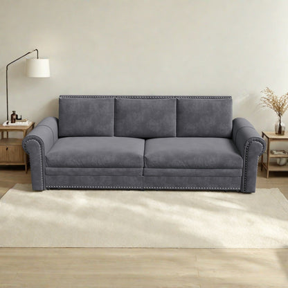 Canapé-lit 3 places en velours 93,7 pouces 3 en 1 avec accoudoirs roulés et garniture cloutée