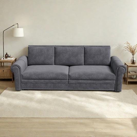 Canapé-lit 3 places en velours 93,7 pouces 3 en 1 avec accoudoirs roulés et garniture cloutée