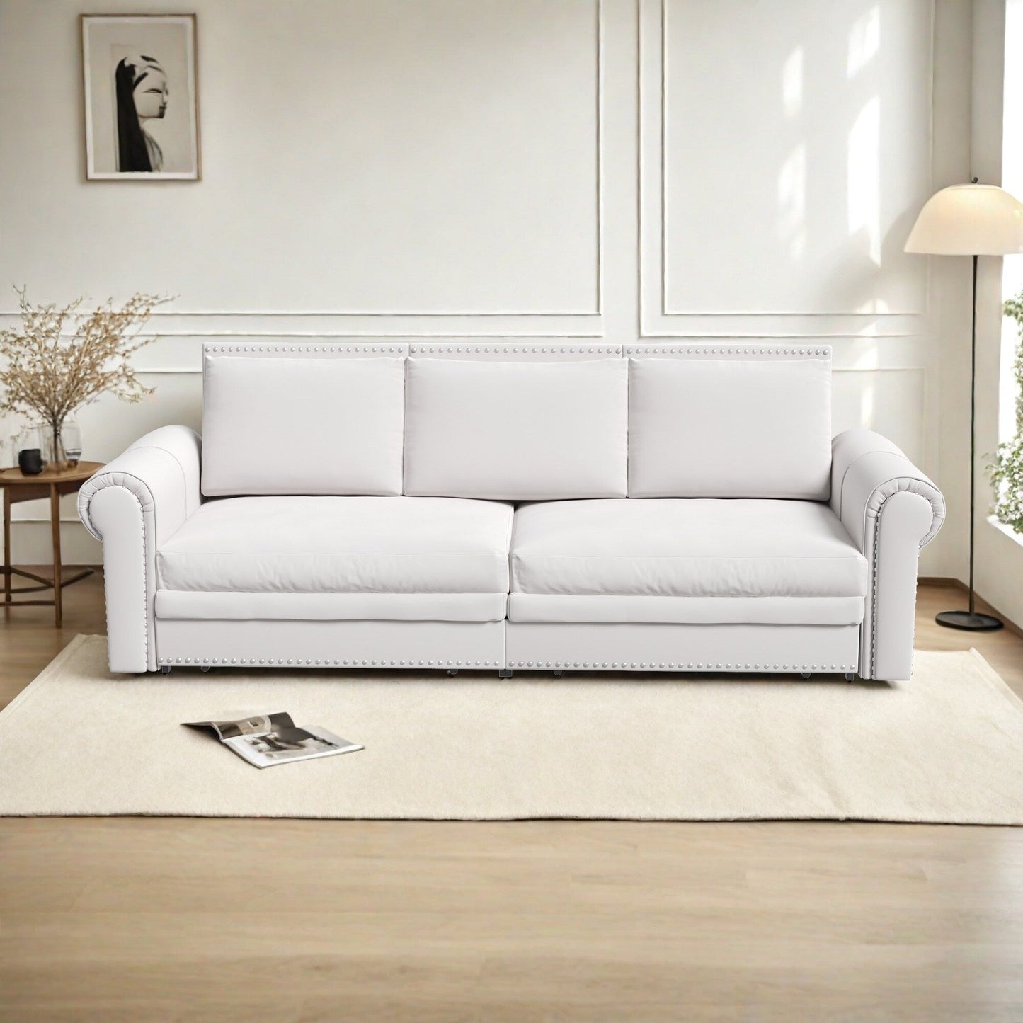 Canapé-lit 3 places en velours 93,7 pouces 3 en 1 avec accoudoirs roulés et garniture cloutée