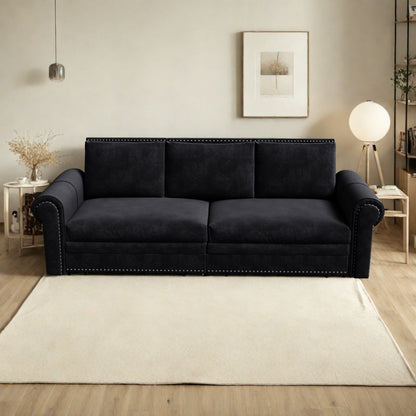 Canapé-lit 3 places en velours 93,7 pouces 3 en 1 avec accoudoirs roulés et garniture cloutée