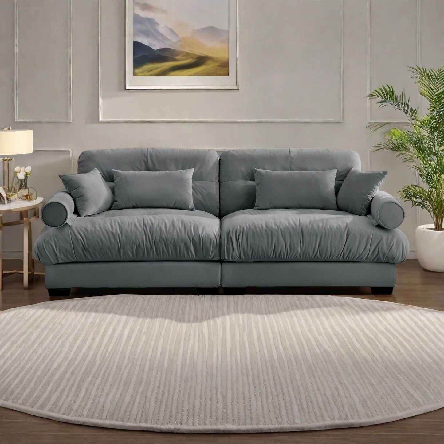 Canapé 3 places en velours 93,7 pouces avec accoudoirs traversins et coussins en éponge haute résilience