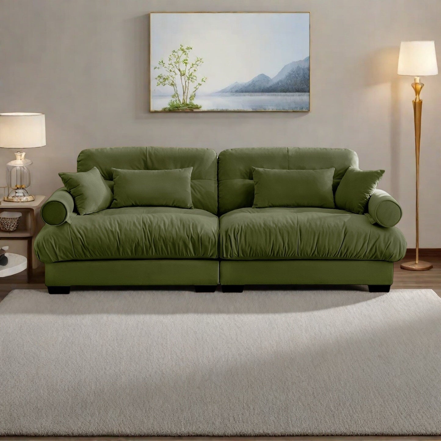 Canapé 3 places en velours 93,7 pouces avec accoudoirs traversins et coussins en éponge haute résilience