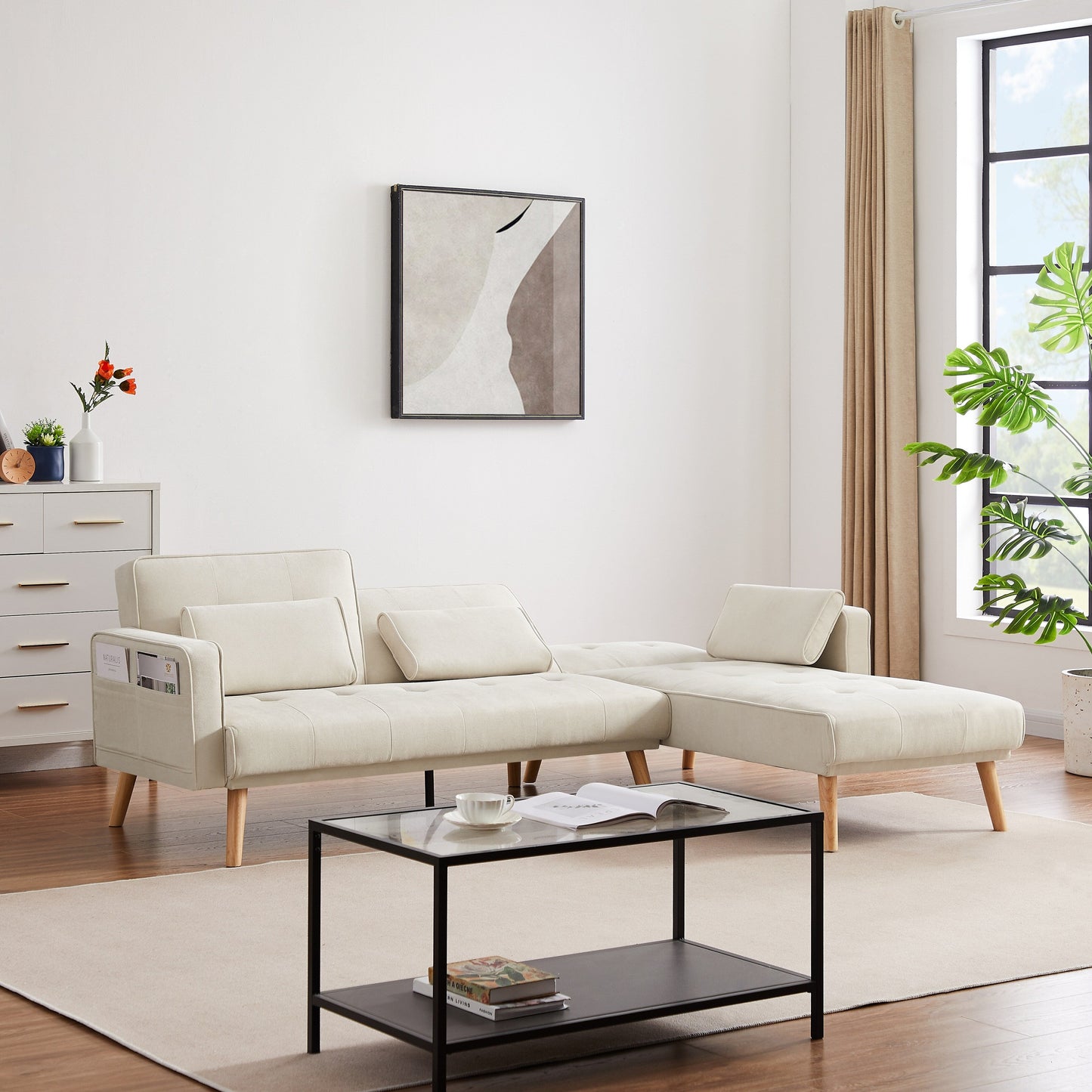 Canapé sectionnel convertible en lin de 94,5 po avec méridienne, design orienté à droite, coussins en mousse et sac de rangement