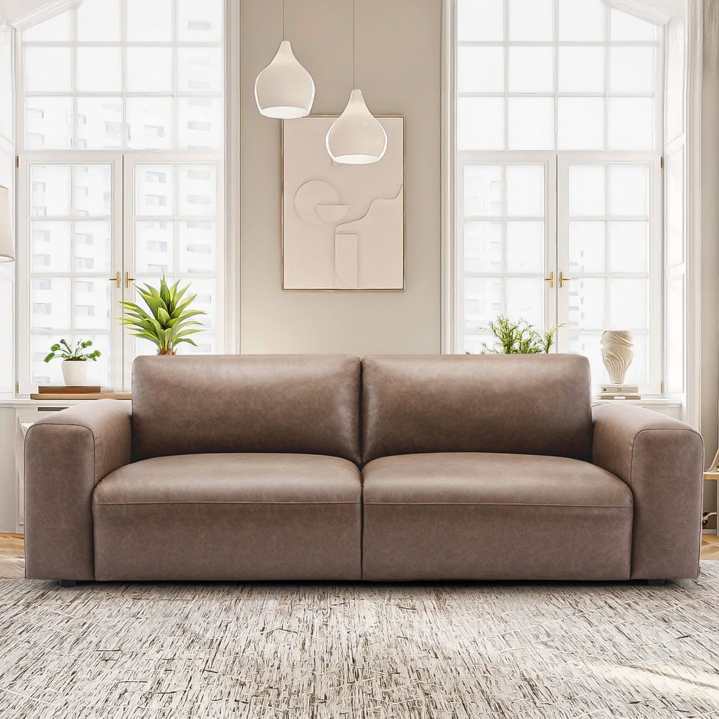 Canapé 3 places surdimensionné 95 cm - Assises extra profondes et accoudoirs larges, canapé en cuir synthétique garni de duvet pour salon et appartement