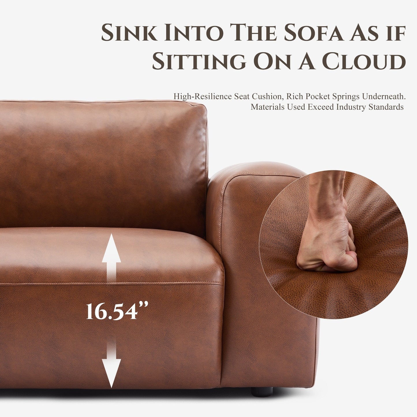 Canapé 3 places surdimensionné 95 cm - Assises extra profondes et accoudoirs larges, canapé en cuir synthétique garni de duvet pour salon et appartement