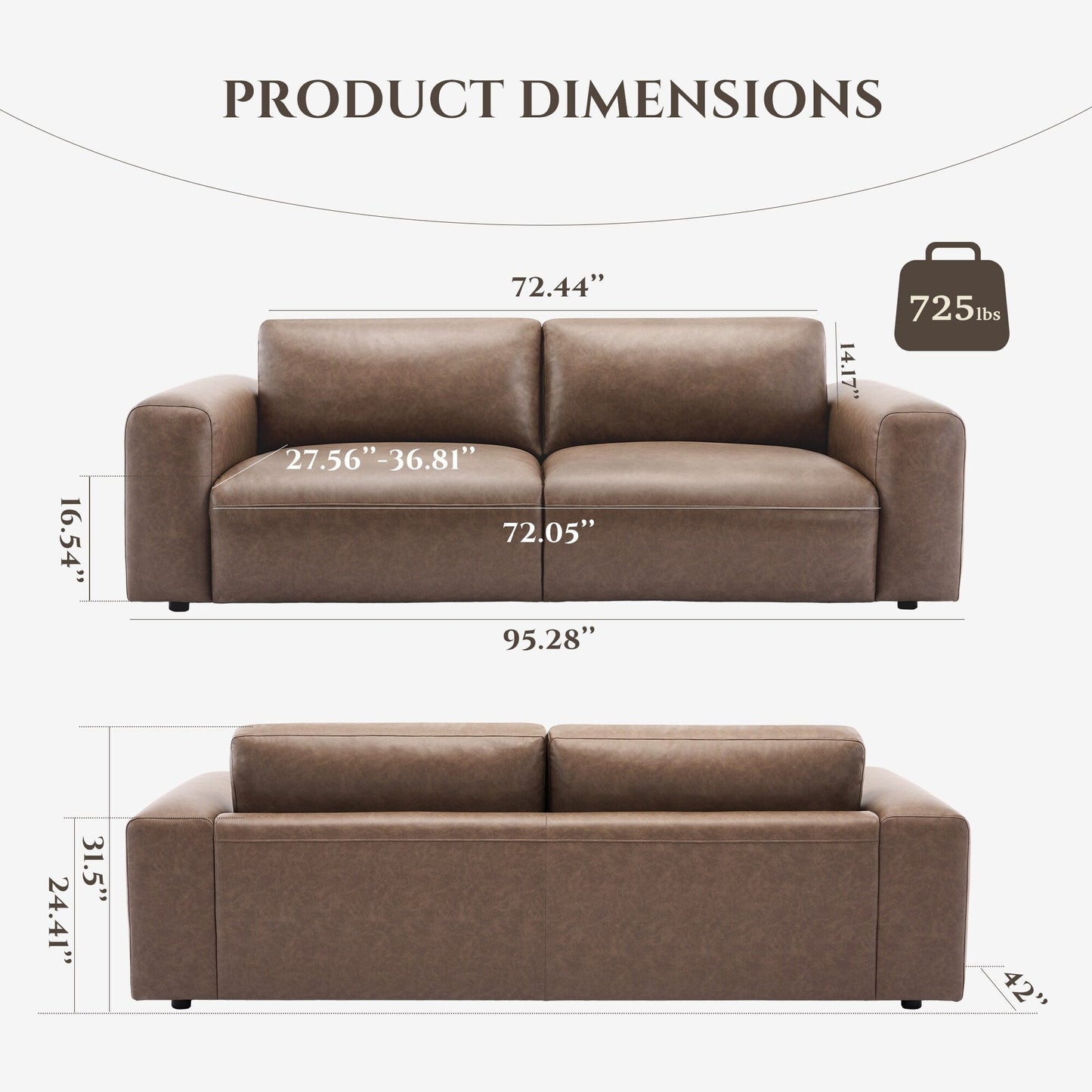 Canapé 3 places surdimensionné 95 cm - Assises extra profondes et accoudoirs larges, canapé en cuir synthétique garni de duvet pour salon et appartement