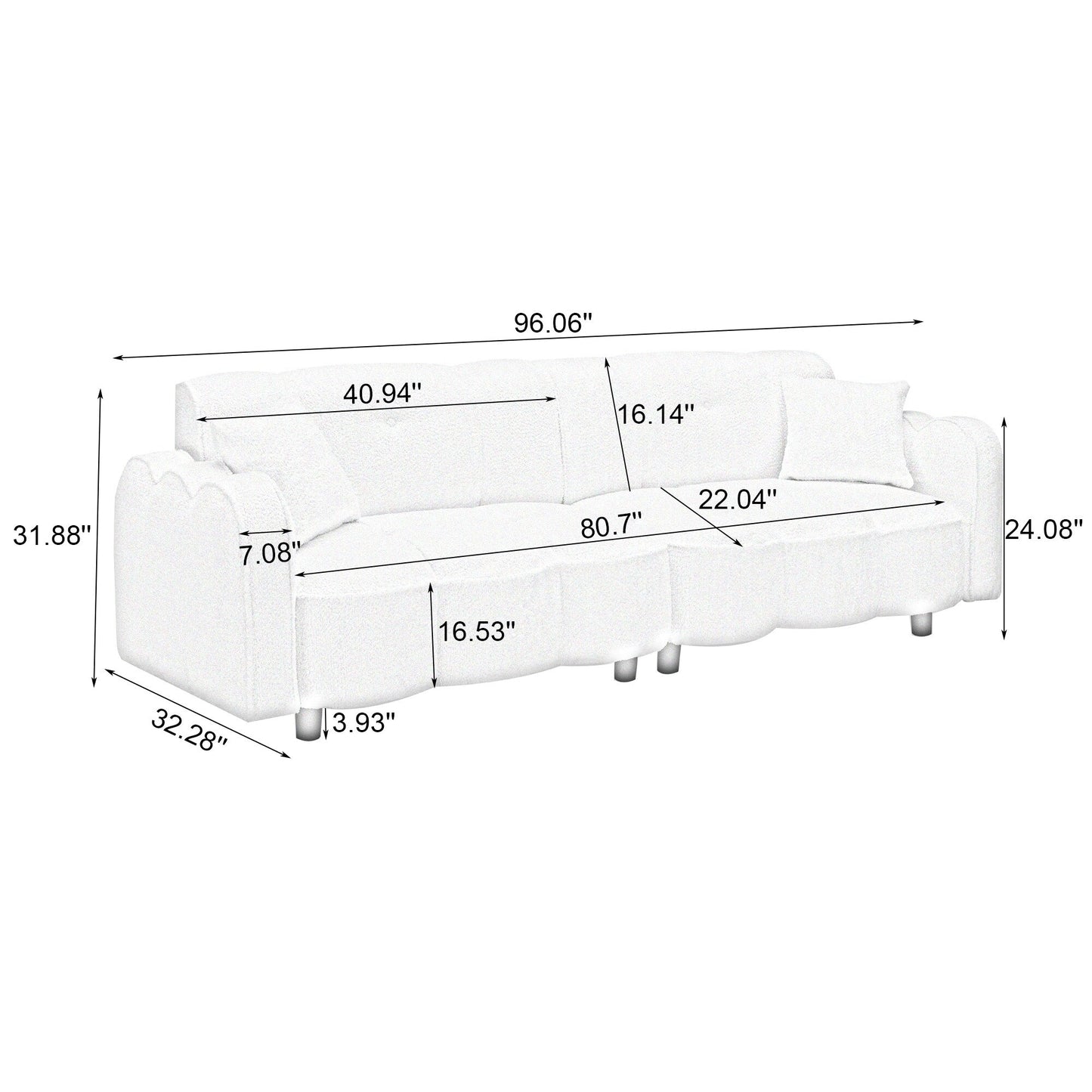 Canapé 3 places rembourré de 96,06 pouces avec 2 oreillers, motif nuage, siège profond et coussins en mousse épaisse