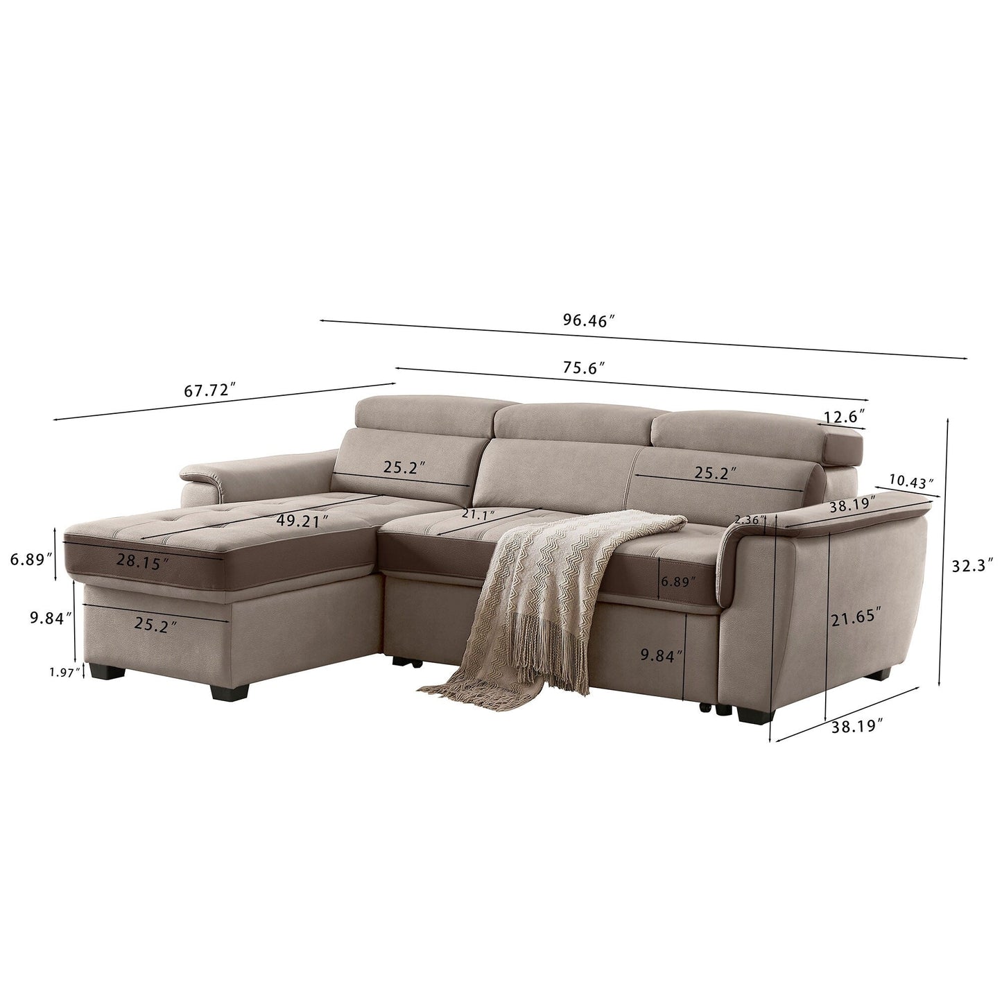 Canapé-lit 96" large, réversible, avec lit gigogne