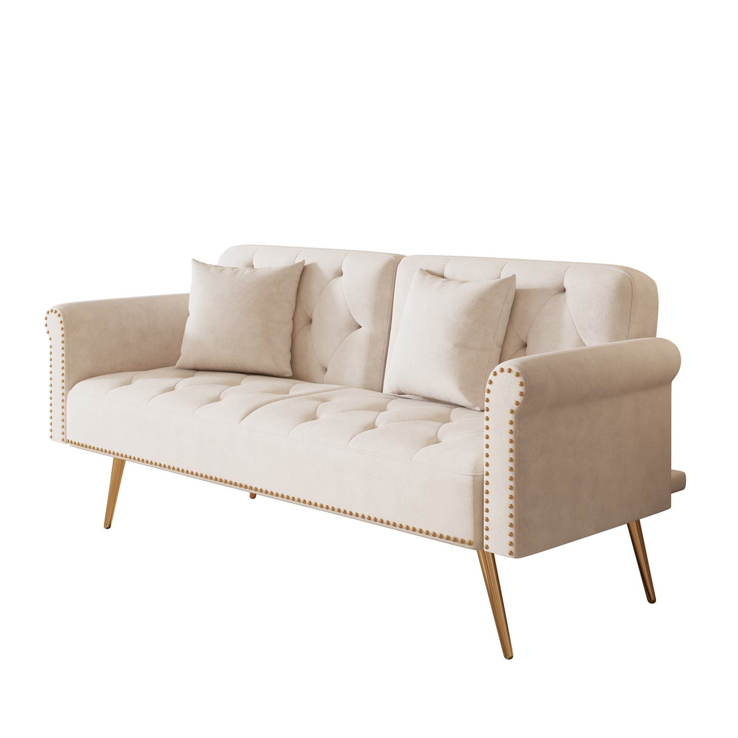 Un canapé-lit de 69,7 pouces de long recouvert de tissu en velours beige, avec une bordure en tête de clou et accompagné d'un coussin assorti