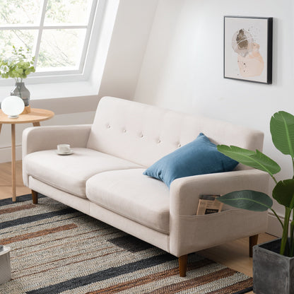 Canapé capitonné moderne en lin ADAIR avec poches d'accoudoirs par Crown Comfort